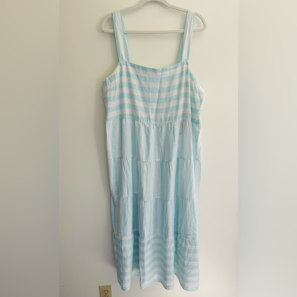 NWT Casa Cabana Linen Blend Blue & White Striped Tiered Maxi Dress, Women’s XL